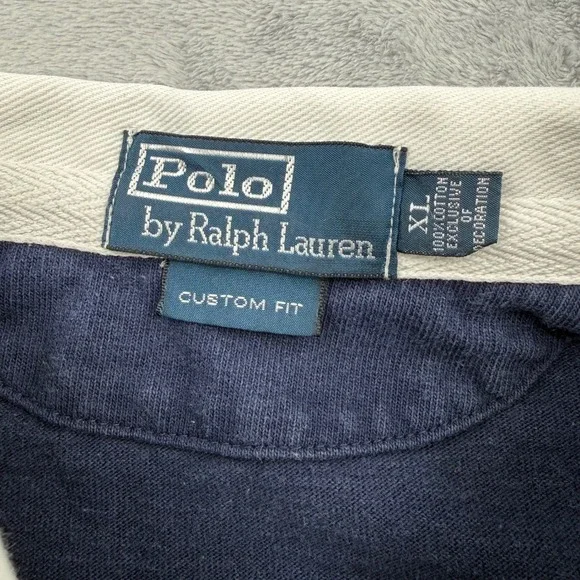 Vintage Polo Ralph Lauren Custom Fit Rugby Shirt Navy Yellow Striped Mens XL - Picture 13 of 15